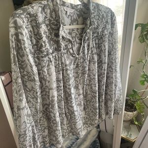 Lucky Brand Beaded Floral Peasant Top Size M Green Tie Neck